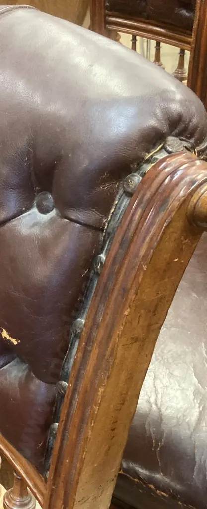 Set of 6 Victorian Oak? Dining Chairs, Wooden & Steel Domes, Distressed Brown Leather Upholstery Image 1++