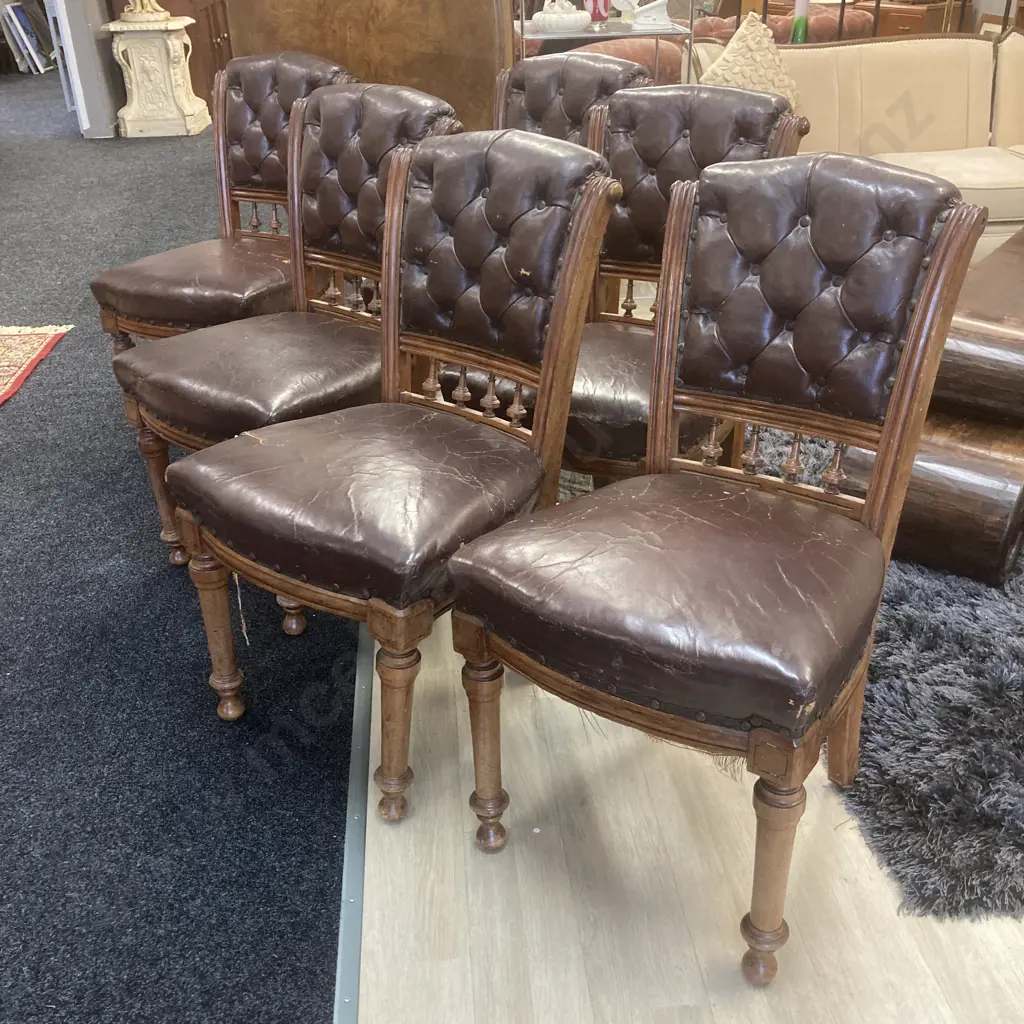 Set of 6 Victorian Oak? Dining Chairs, Wooden & Steel Domes, Distressed Brown Leather Upholstery Image 1++