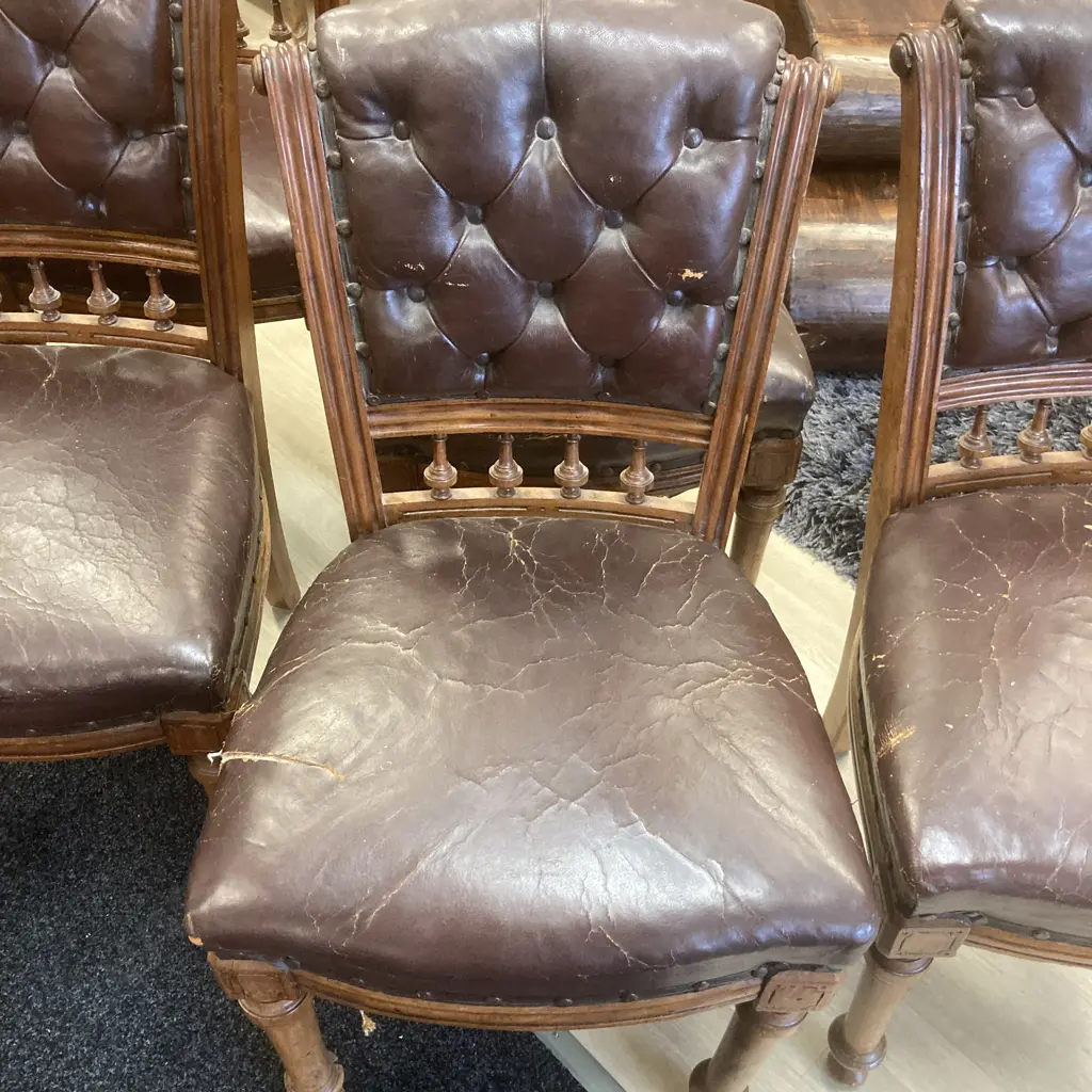 Set of 6 Victorian Oak? Dining Chairs, Wooden & Steel Domes, Distressed Brown Leather Upholstery Image 1++