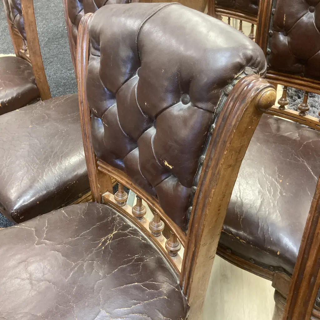 Set of 6 Victorian Oak? Dining Chairs, Wooden & Steel Domes, Distressed Brown Leather Upholstery Image 1++