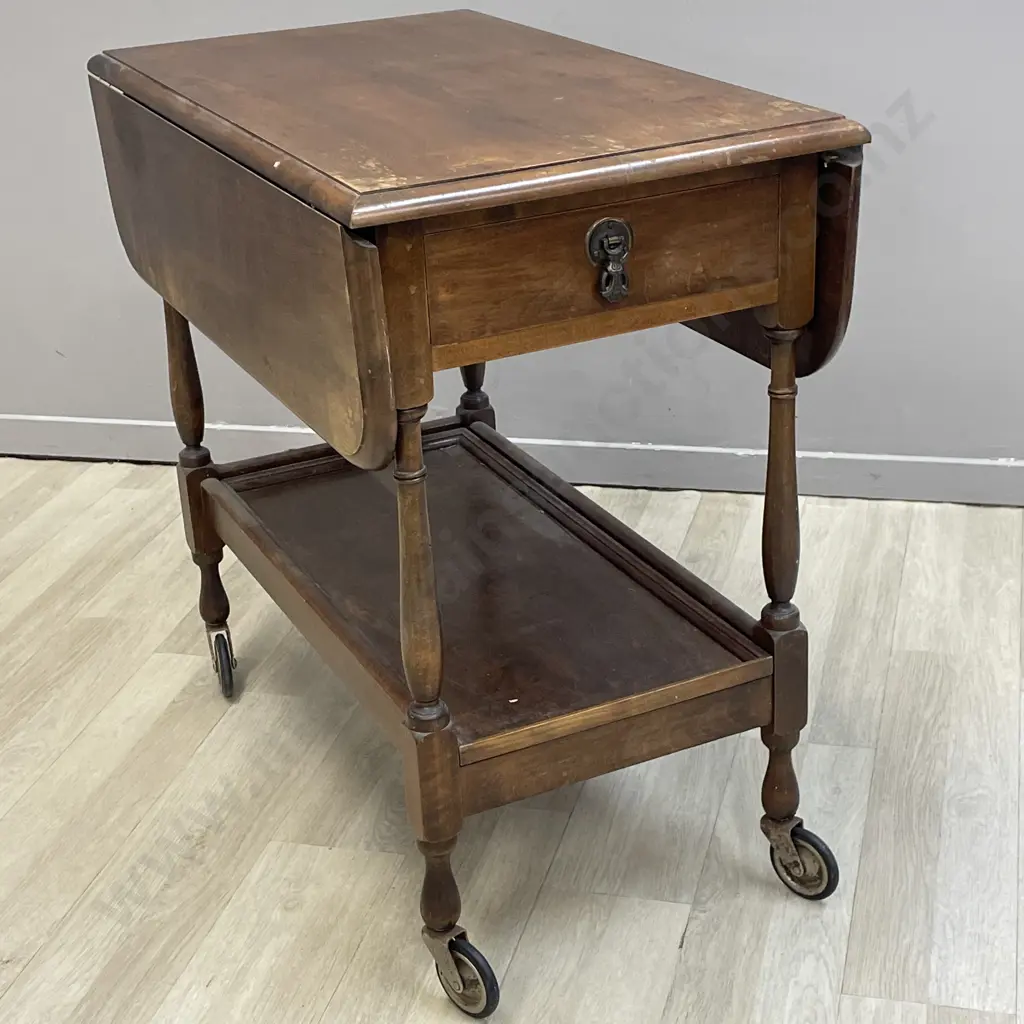 Vintage Solid Wood Drop side Tea Trolley. Single drawer, pull out base tray. H72cm Top 74 x 43. Extended 80 x 74cm Image 1++