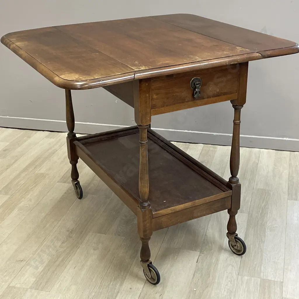 Vintage Solid Wood Drop side Tea Trolley. Single drawer, pull out base tray. H72cm Top 74 x 43. Extended 80 x 74cm Image 1++