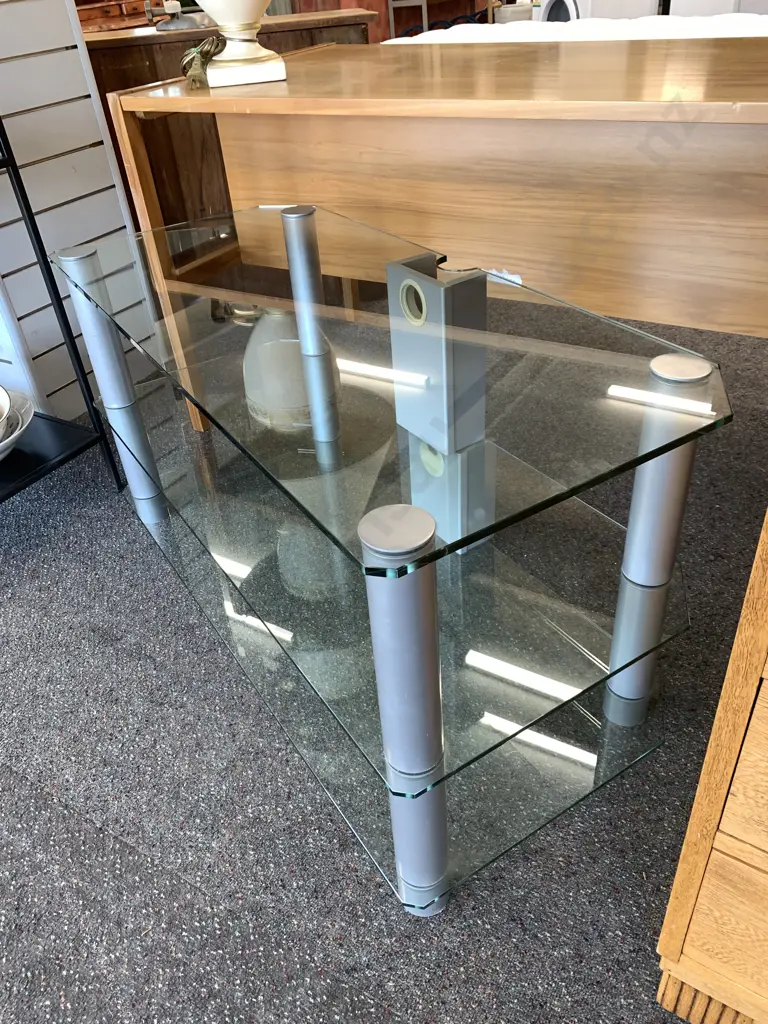 Ex Harvey Norman Three Tier Glass Entertainment Unit With Brush Chrome Pillars  Image 1++