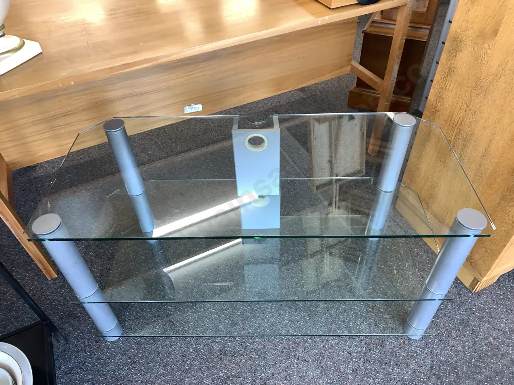 Ex Harvey Norman Three Tier Glass Entertainment Unit With Brush Chrome Pillars  Image 1++