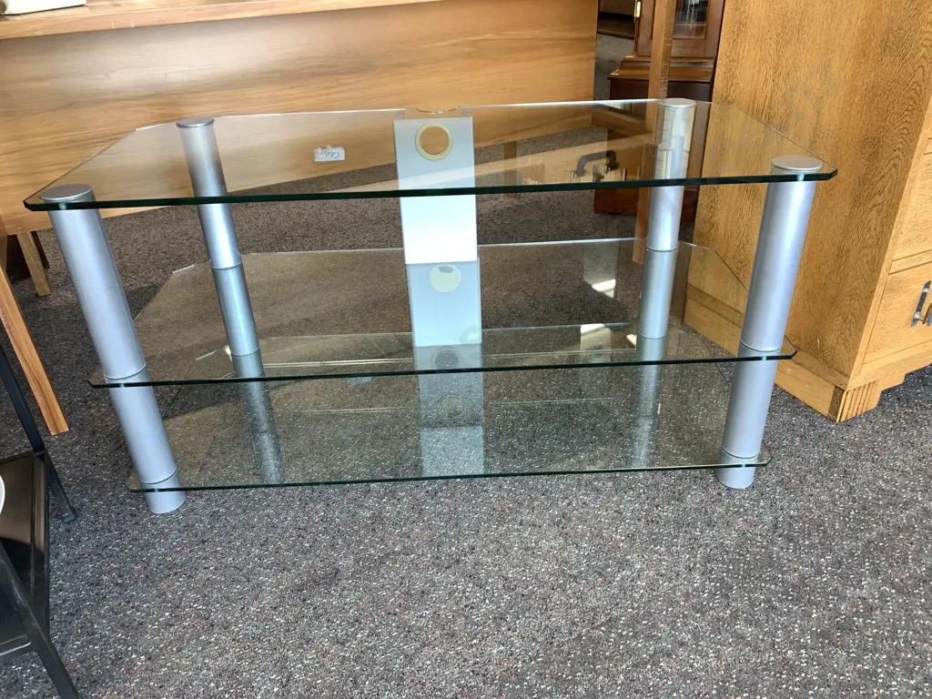 Ex Harvey Norman Three Tier Glass Entertainment Unit With Brush Chrome Pillars  Image 1++