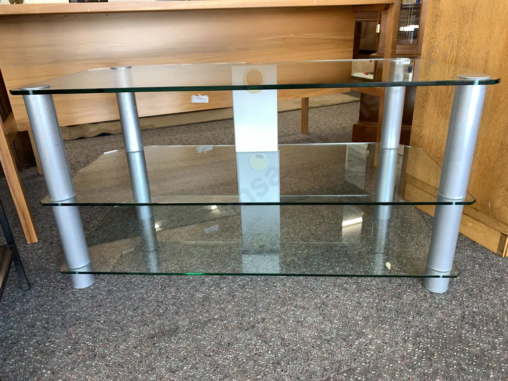 Ex Harvey Norman Three Tier Glass Entertainment Unit With Brush Chrome Pillars  Image 1++