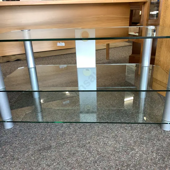 Ex Harvey Norman Three Tier Glass Entertainment Unit With Brush Chrome Pillars 