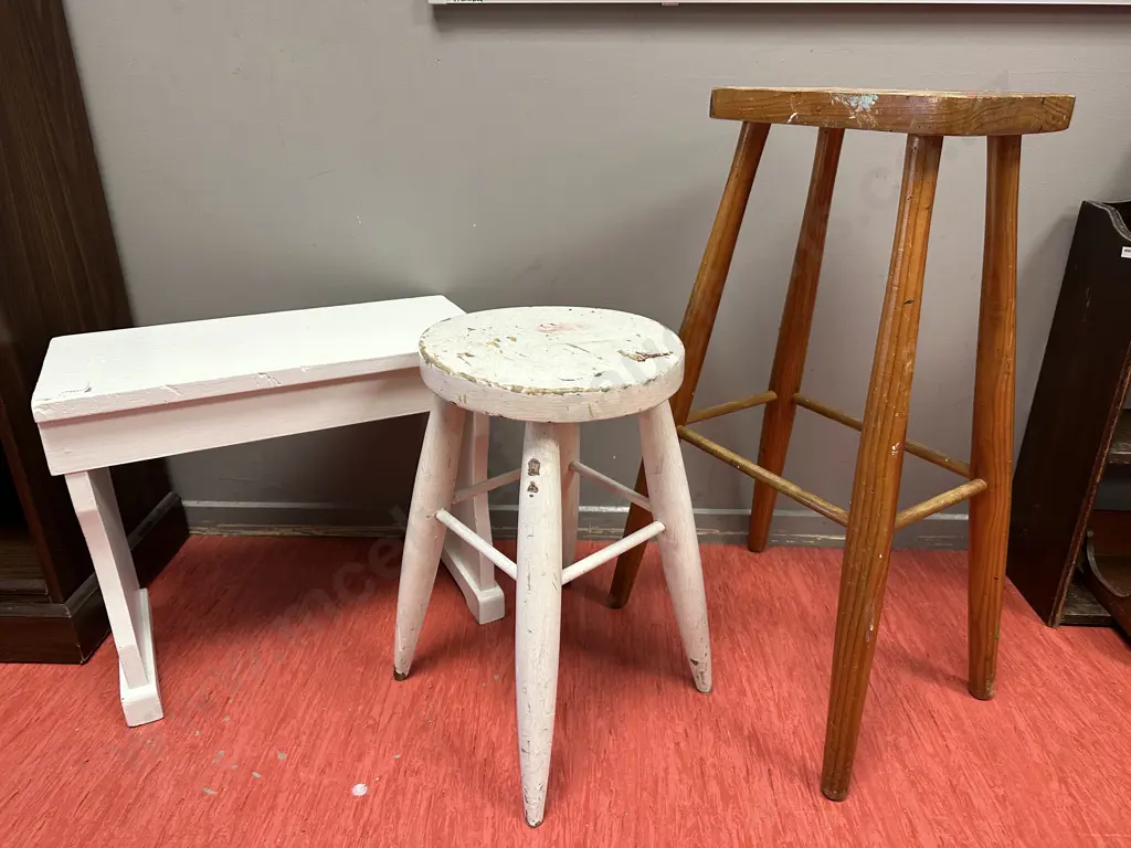 Three Vintage Wooden Stools Image 1++