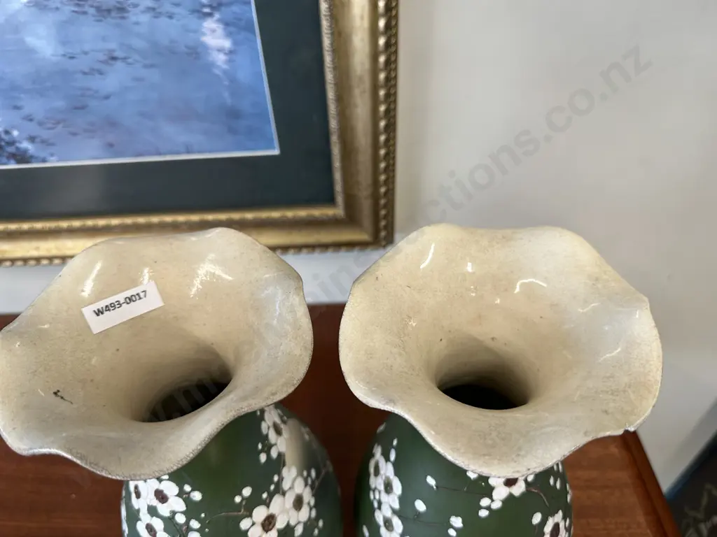 Pair of Handpainted Vases with relief blossom and bird design. (af). Dia26.5cm Image 1++