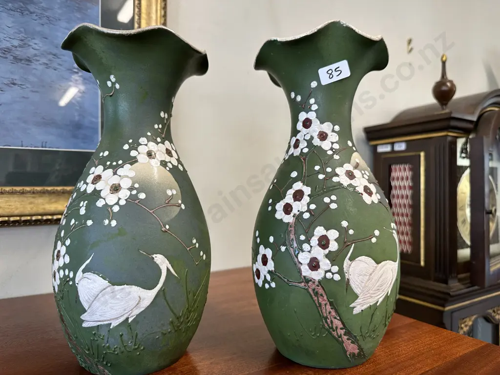 Pair of Handpainted Vases with relief blossom and bird design. (af). Dia26.5cm Image 1++