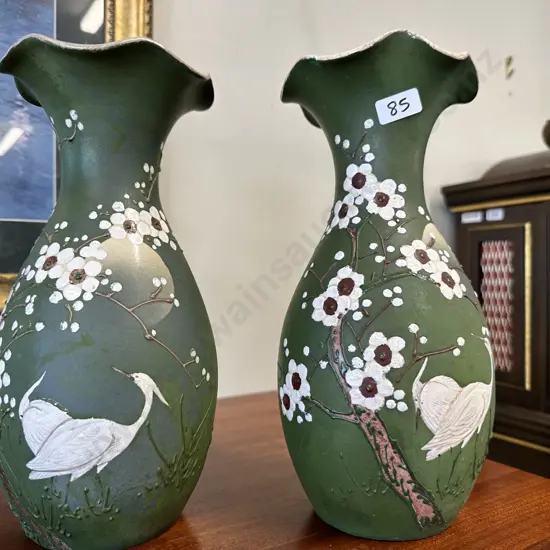 Pair of Handpainted Vases with relief blossom and bird design. (af). Dia26.5cm