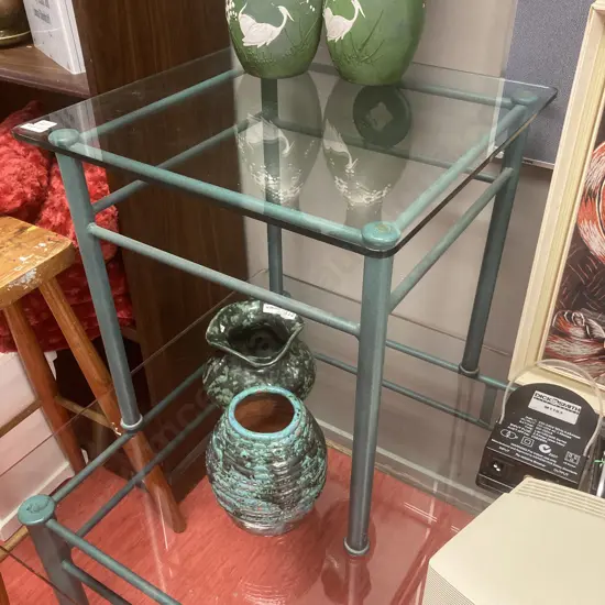 Modernist 47cm square metal framed glass topped table