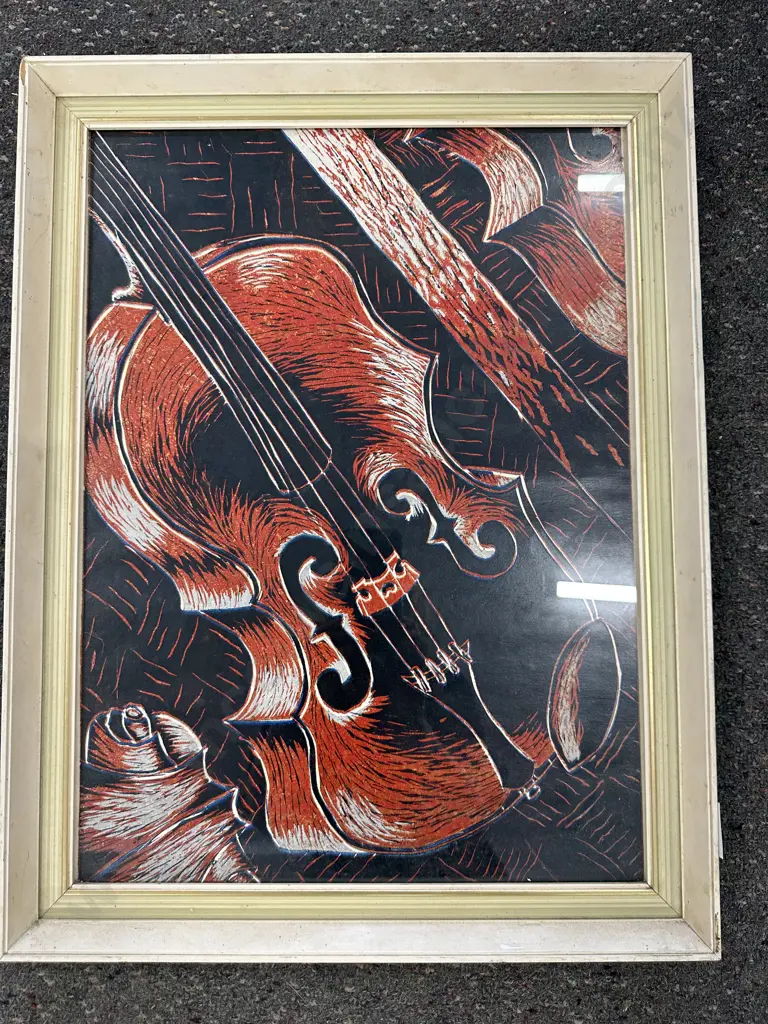 Etched Violin Print Glazed White Frame, 43 x 57cm Image 1++