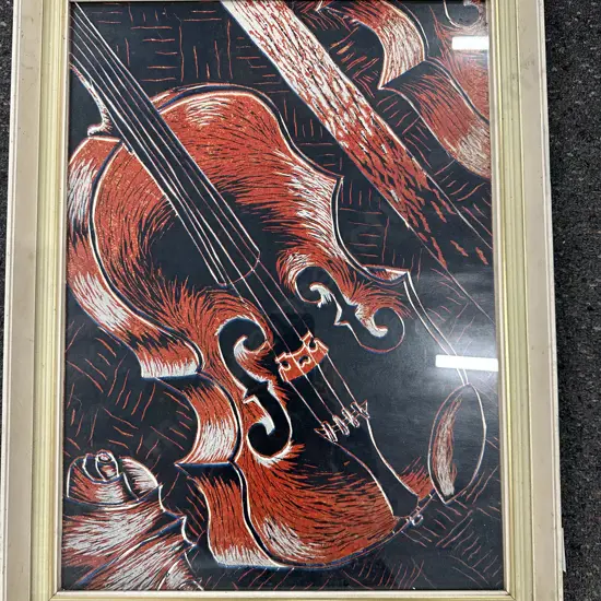 Etched Violin Print Glazed White Frame, 43 x 57cm