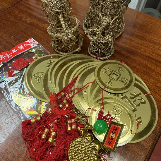 Gold Painted Wicker Angels With Trumpets & Chinese Celebration Decorations