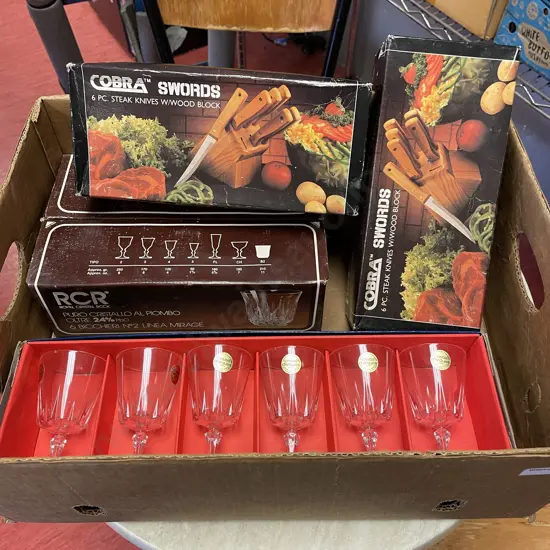 Box lot of Vintage Retro Boxed items: Cristal wine glasses, 2 x Cobra Knives with blocks and RCR Crystal glasses