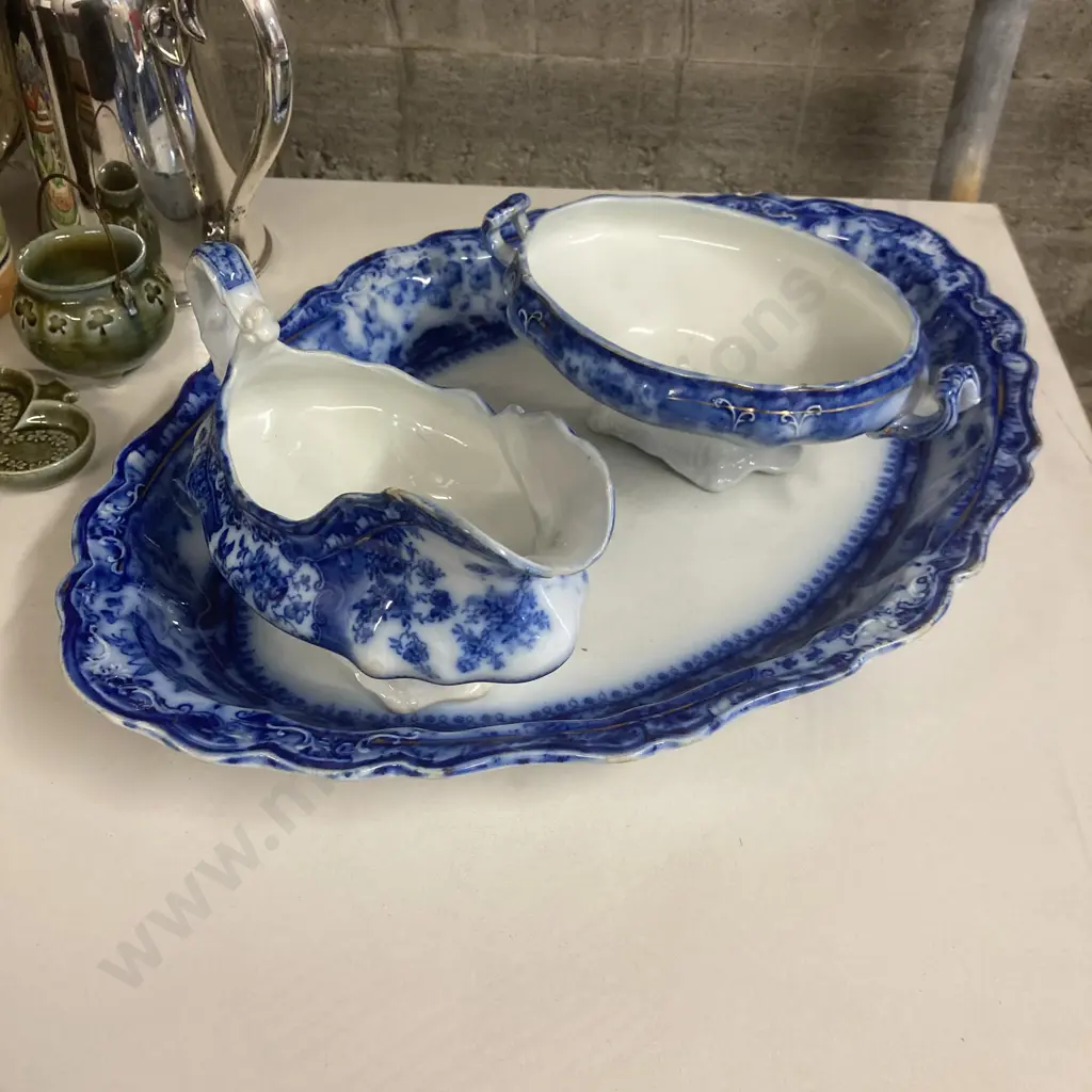 Box lot Wade, Silverware, Antique Flow Blue & White Ashet, Gravy Boat, Sauce Pot & West German Stein (Vintage Condition) Image 1++