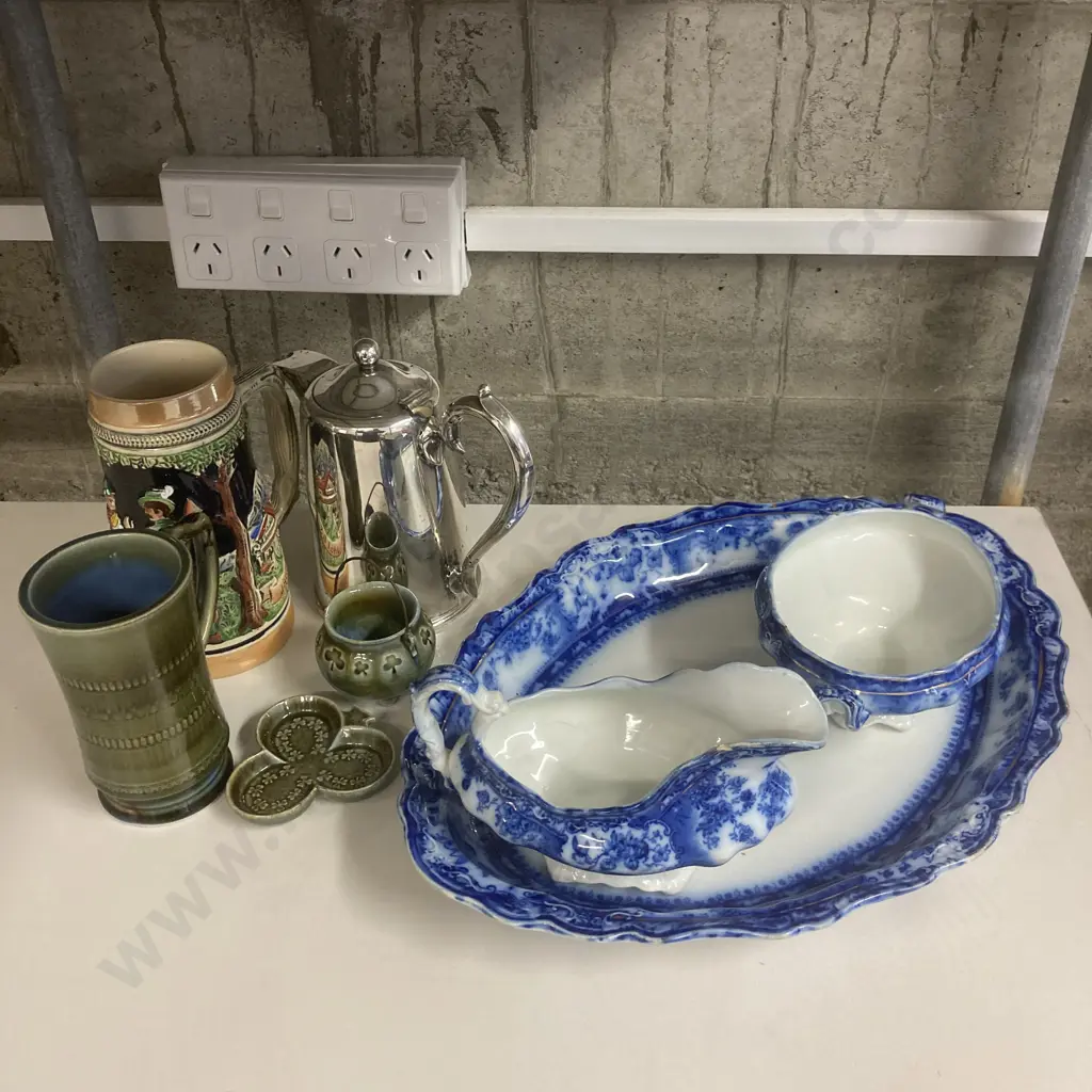 Box lot Wade, Silverware, Antique Flow Blue & White Ashet, Gravy Boat, Sauce Pot & West German Stein (Vintage Condition) Image 1++