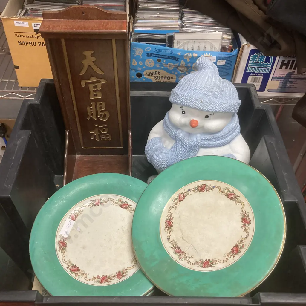 Box Lot Chinese Shelf, Snowman Ornament, Cake Plate & Plates, Vintage Haberdashery Books Image 1++