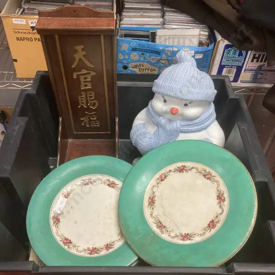 Box Lot Chinese Shelf, Snowman Ornament, Cake Plate & Plates, Vintage Haberdashery Books