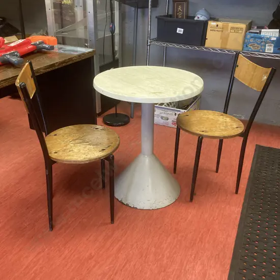 Round Cafe Table, Resin Top With Heavy Steel Base, 72.5 x 60cm & Pair of Wood & Steel Framed Chairs