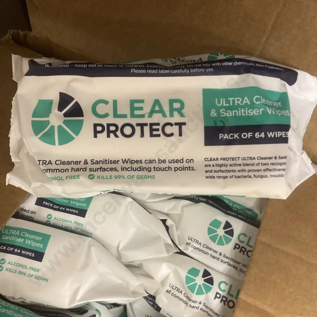 Clear Protect Ultra Cleaner & Sanitiser Surface Wipes, 4 Boxes of 20 Packs of 64 Wipes Image 1++