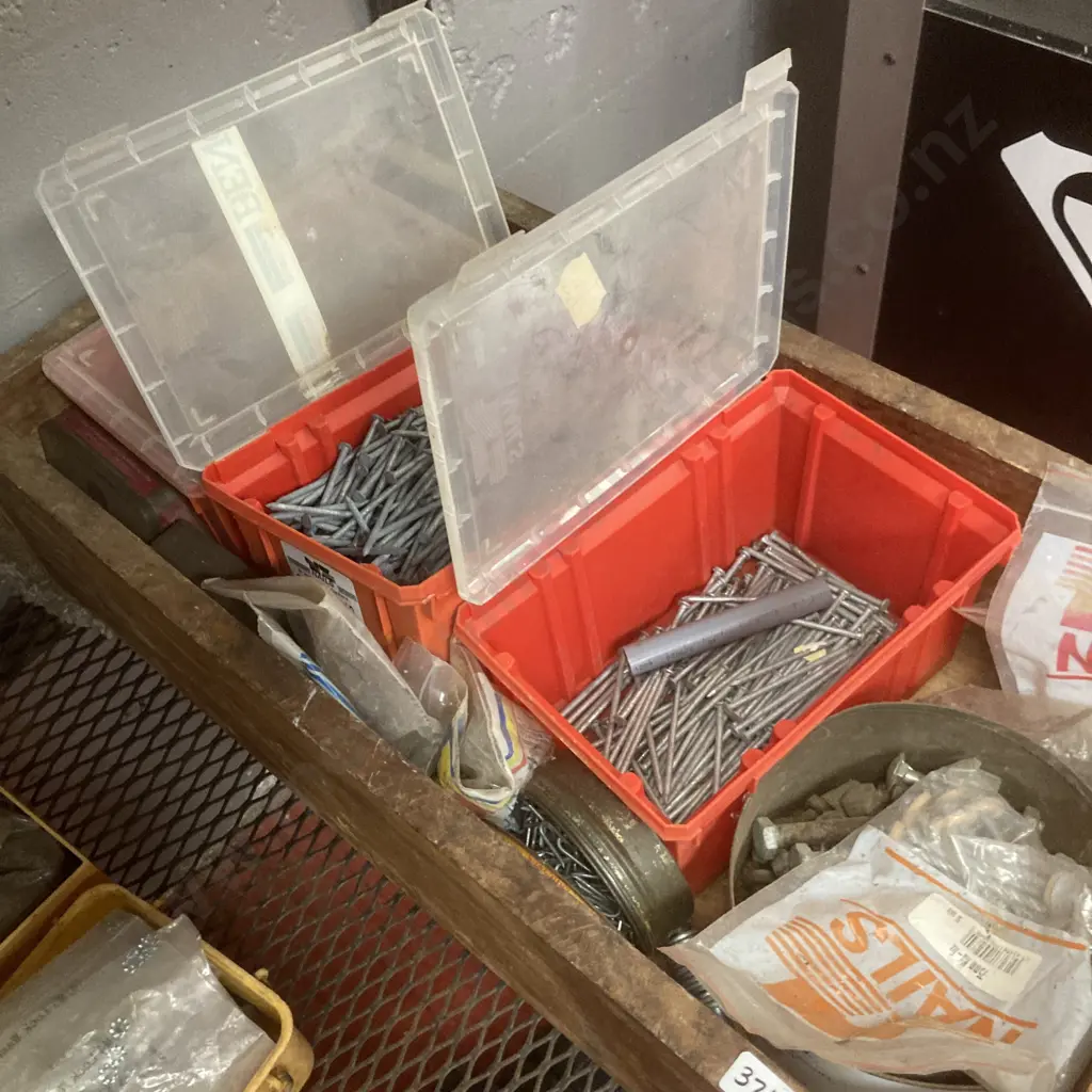 Large Wooden Box Of Assorted Nails, Bolts, Staples Etc Image 1++