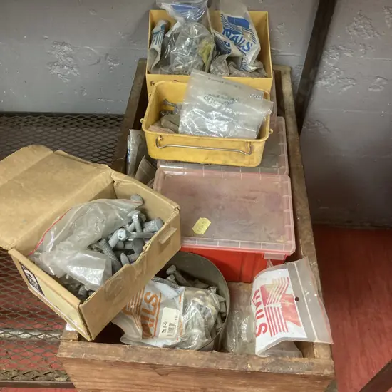 Large Wooden Box Of Assorted Nails, Bolts, Staples Etc