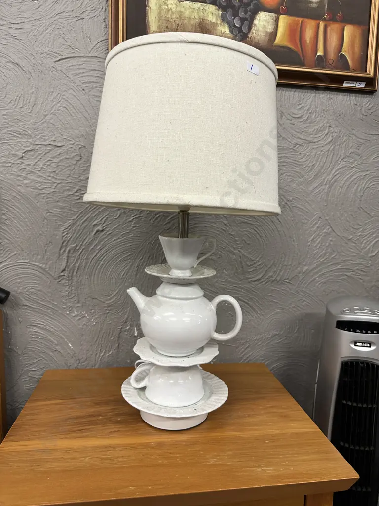 Albi Imports White Table Lamp Teapot / Cup & Saucer Themed With Cream Shade H60cm Image 1++
