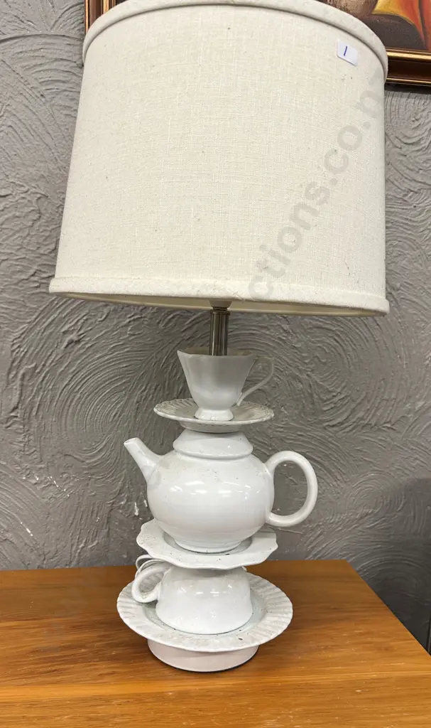 Albi Imports White Table Lamp Teapot / Cup & Saucer Themed With Cream Shade H60cm Image 1++