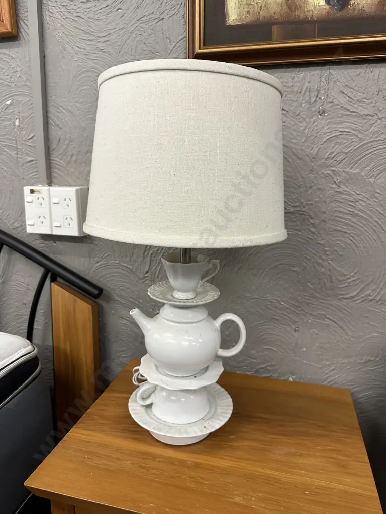 Albi Imports White Table Lamp Teapot / Cup & Saucer Themed With Cream Shade H60cm Image 1++