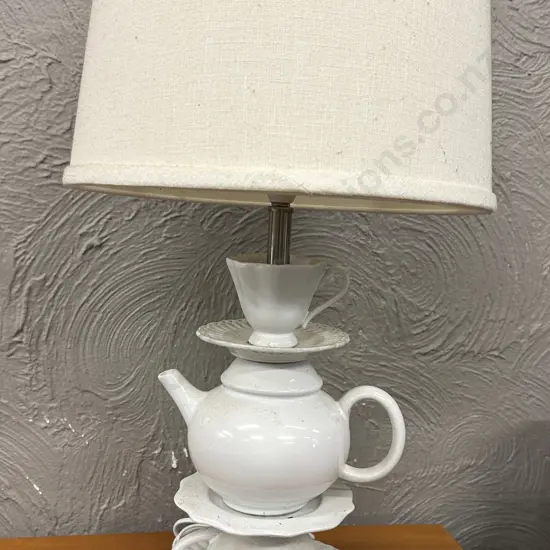 Albi Imports White Table Lamp Teapot / Cup & Saucer Themed With Cream Shade H60cm
