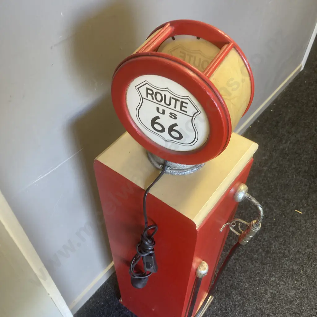 Route 66 Gasoline Bowser, 8 Wine Bottle Storage & Glass Holder, With Lamp At Top, H110 W31 D23cm Image 1++