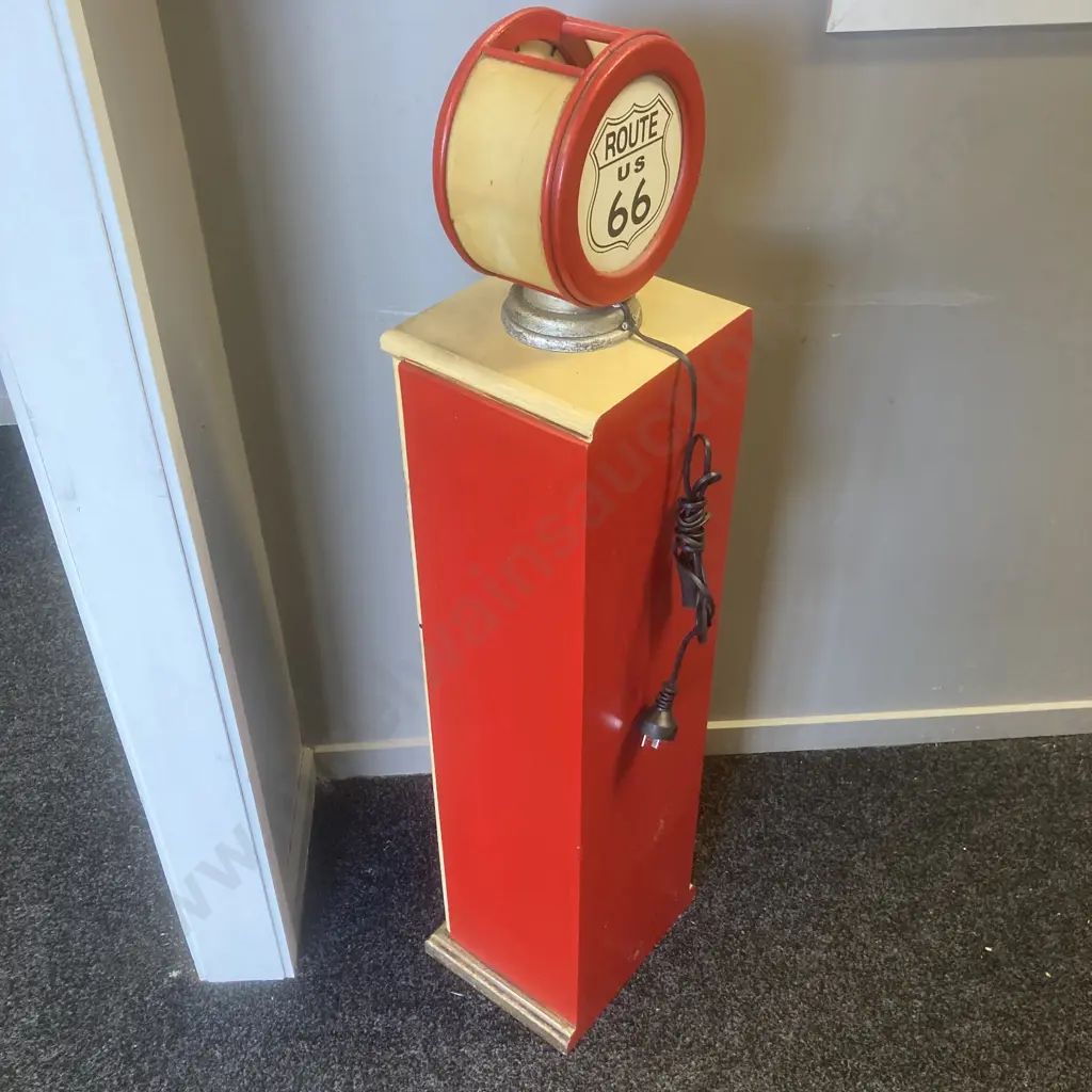 Route 66 Gasoline Bowser, 8 Wine Bottle Storage & Glass Holder, With Lamp At Top, H110 W31 D23cm Image 1++