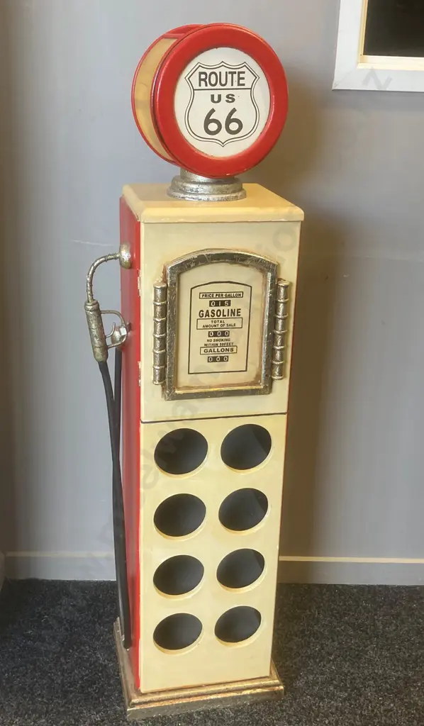 Route 66 Gasoline Bowser, 8 Wine Bottle Storage & Glass Holder, With Lamp At Top, H110 W31 D23cm Image 1++