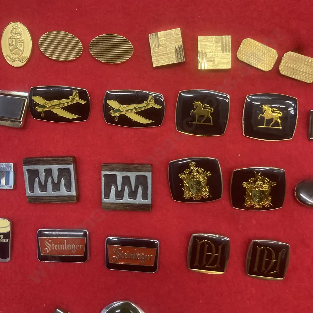 Collection of Over 100 Pairs of Cufflinks, Cufflinks/Tie Clip Sets in Ornate Wood & Perspex Display Case H73 W81 D11.5cm Image 1++