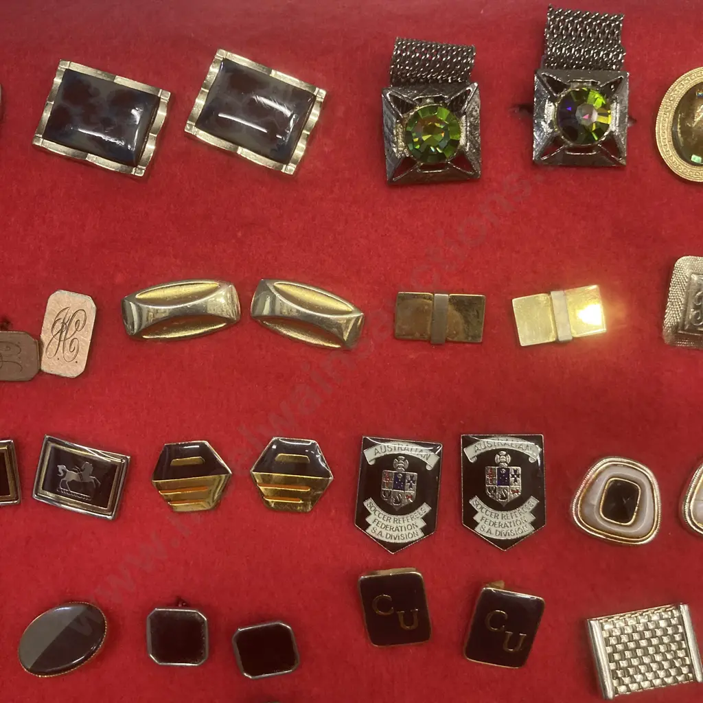 Collection of Over 100 Pairs of Cufflinks, Cufflinks/Tie Clip Sets in Ornate Wood & Perspex Display Case H73 W81 D11.5cm Image 1++