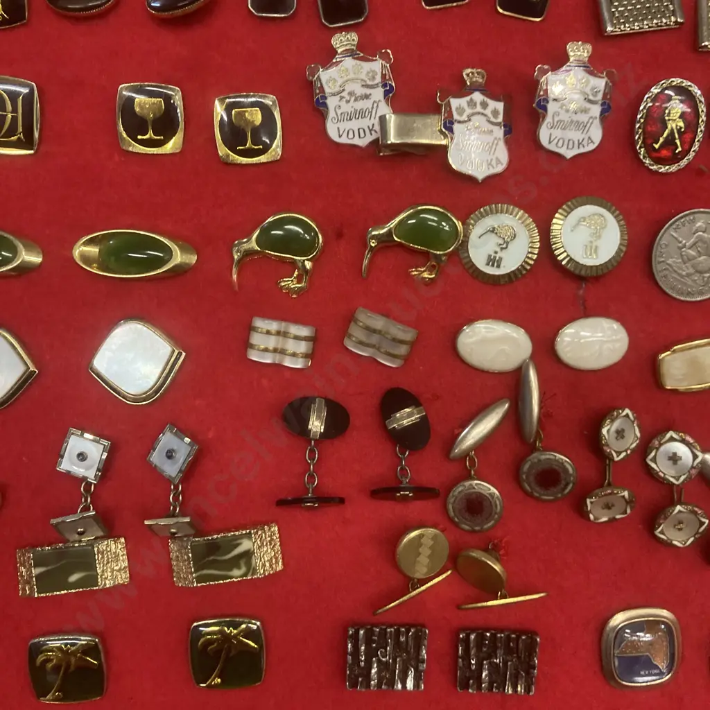 Collection of Over 100 Pairs of Cufflinks, Cufflinks/Tie Clip Sets in Ornate Wood & Perspex Display Case H73 W81 D11.5cm Image 1++
