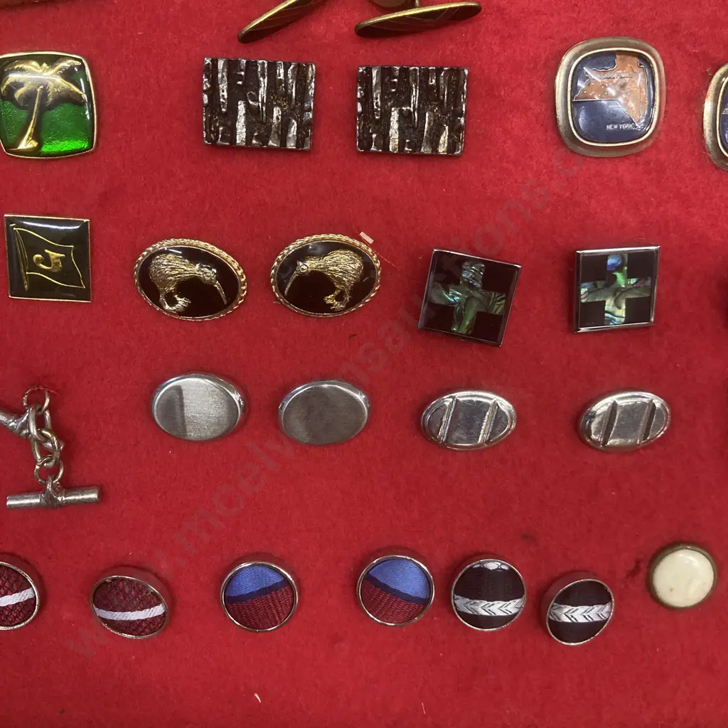 Collection of Over 100 Pairs of Cufflinks, Cufflinks/Tie Clip Sets in Ornate Wood & Perspex Display Case H73 W81 D11.5cm Image 1++