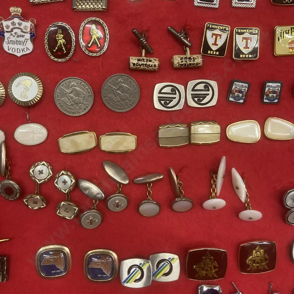 Collection of Over 100 Pairs of Cufflinks, Cufflinks/Tie Clip Sets in Ornate Wood & Perspex Display Case H73 W81 D11.5cm Image 1++