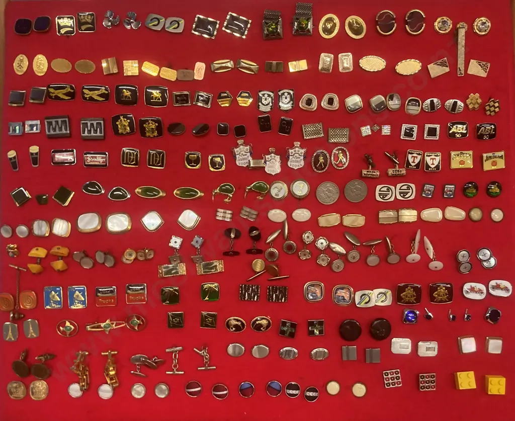 Collection of Over 100 Pairs of Cufflinks, Cufflinks/Tie Clip Sets in Ornate Wood & Perspex Display Case H73 W81 D11.5cm Image 1++
