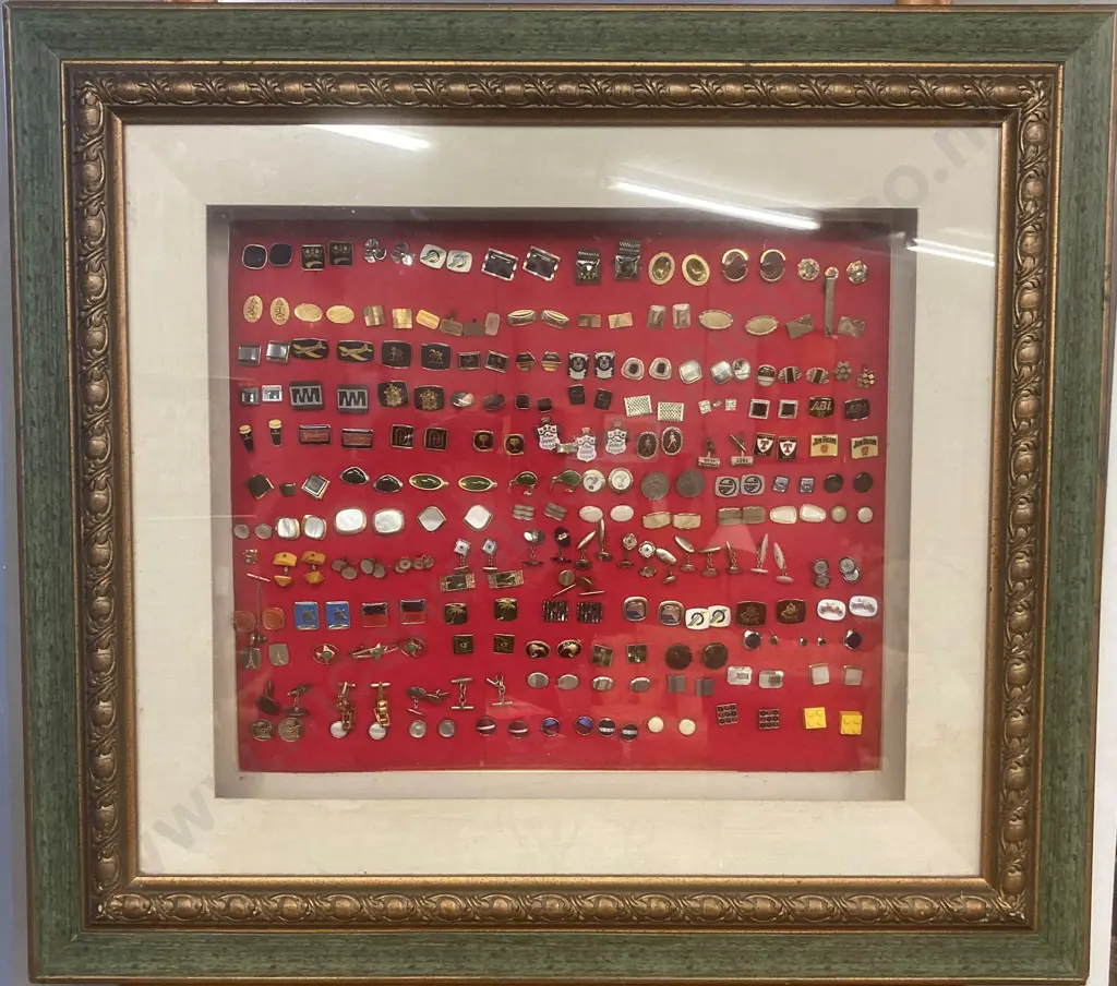 Collection of Over 100 Pairs of Cufflinks, Cufflinks/Tie Clip Sets in Ornate Wood & Perspex Display Case H73 W81 D11.5cm Image 1++