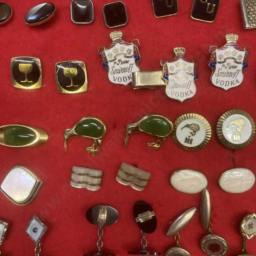 Collection of Over 100 Pairs of Cufflinks, Cufflinks/Tie Clip Sets in Ornate Wood & Perspex Display Case H73 W81 D11.5cm Image 1++