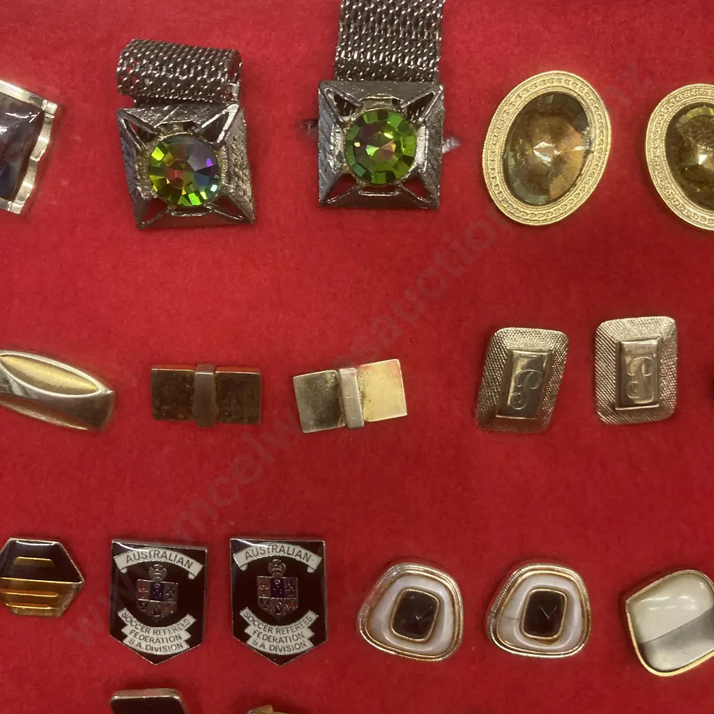 Collection of Over 100 Pairs of Cufflinks, Cufflinks/Tie Clip Sets in Ornate Wood & Perspex Display Case H73 W81 D11.5cm Image 1++