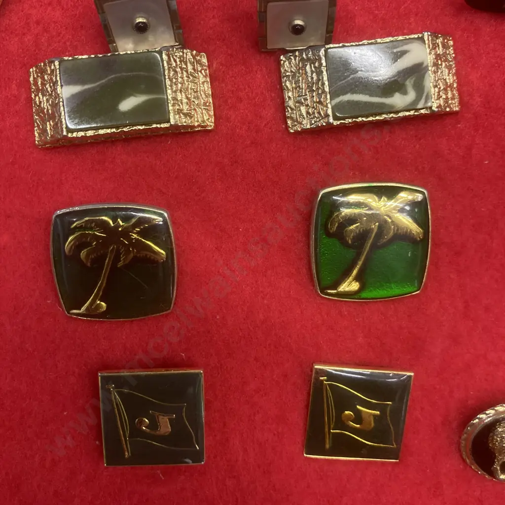 Collection of Over 100 Pairs of Cufflinks, Cufflinks/Tie Clip Sets in Ornate Wood & Perspex Display Case H73 W81 D11.5cm Image 1++