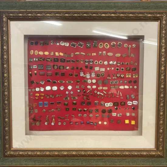 Collection of Over 100 Pairs of Cufflinks, Cufflinks/Tie Clip Sets in Ornate Wood & Perspex Display Case H73 W81 D11.5cm