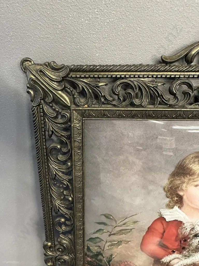 Ornate Gilt Framed Picture of Boy With Dog, 55 x 40cm Image 1++
