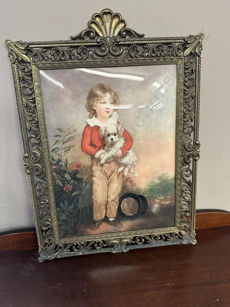 Ornate Gilt Framed Picture of Boy With Dog, 55 x 40cm Image 1++