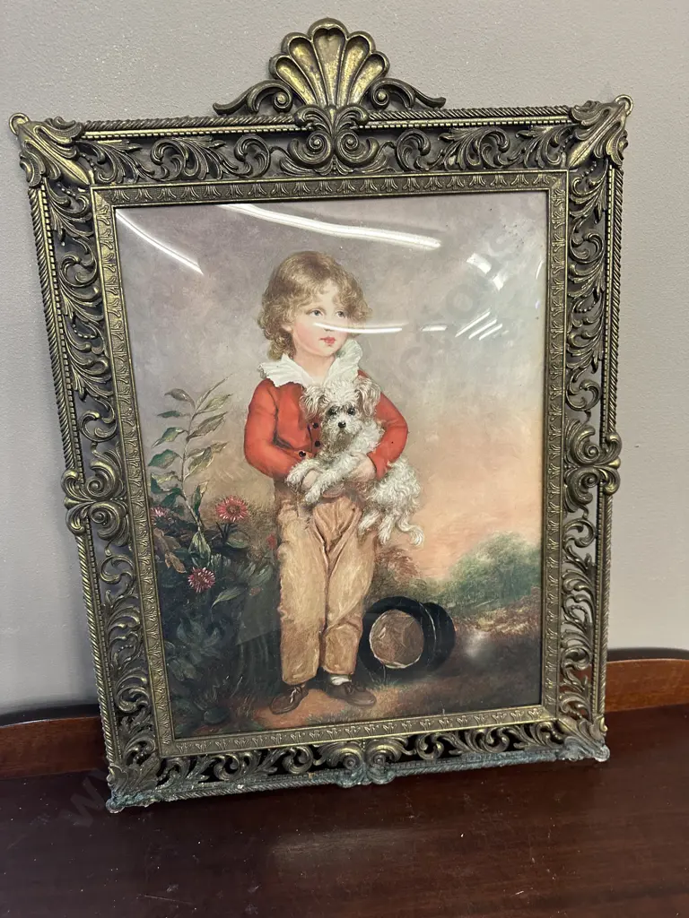 Ornate Gilt Framed Picture of Boy With Dog, 55 x 40cm Image 1++