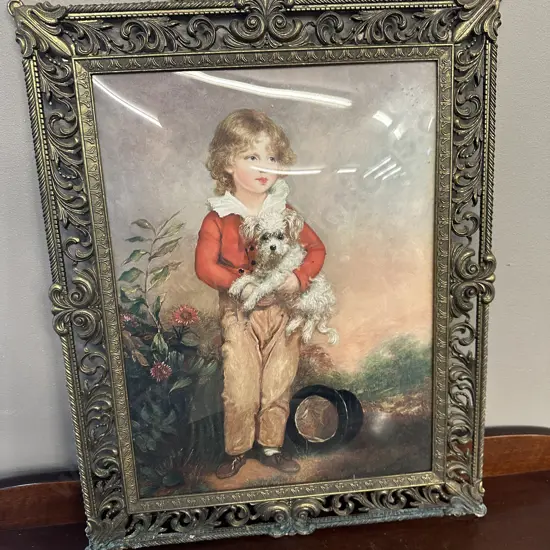 Ornate Gilt Framed Picture of Boy With Dog, 55 x 40cm